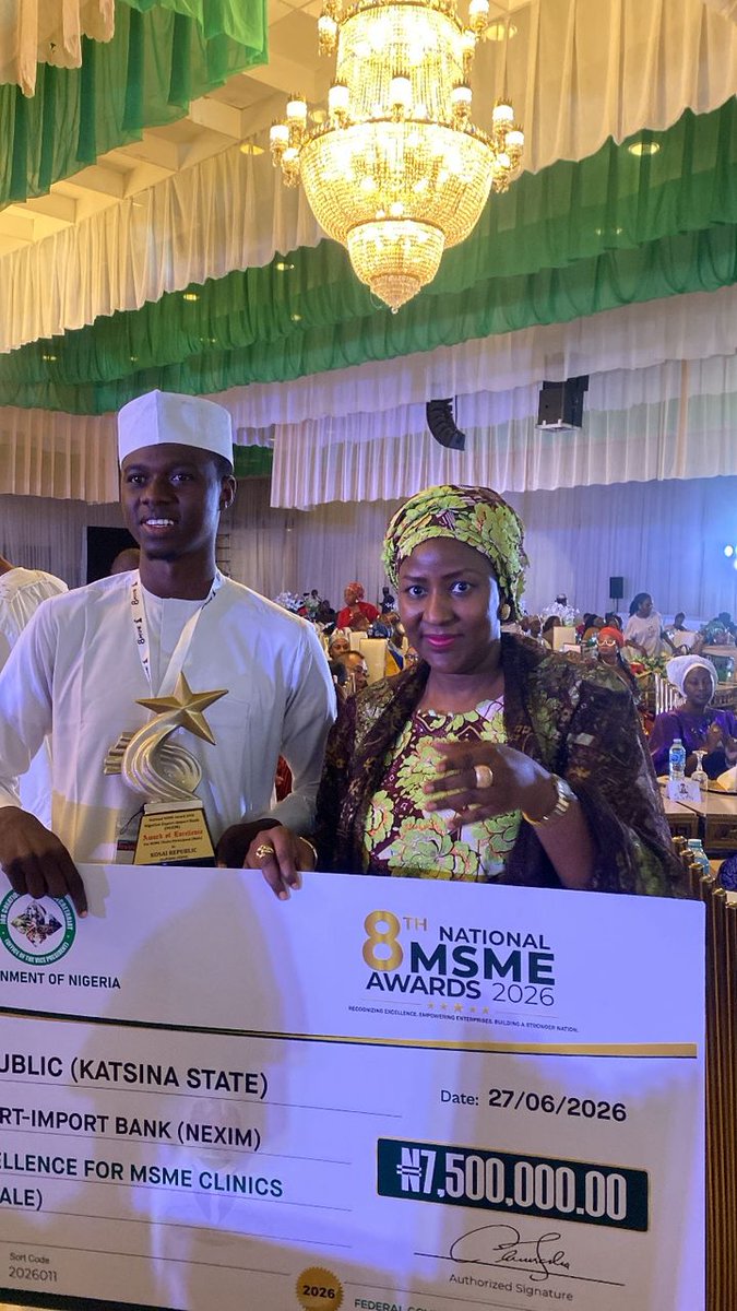 KatsinaStateNg's tweet photo. Katsina State Governor, Malam Dikko Umaru Radda, has congratulated Ibrahim Nuhu Kankia, Chief Executive Officer of Kosai Republic, on his outstanding achievement at the 8th National MSMEs Clinic 2026 Awards....

Read more : https://t.co/bNECowQxQE https://t.co/Y73V5qXkGR