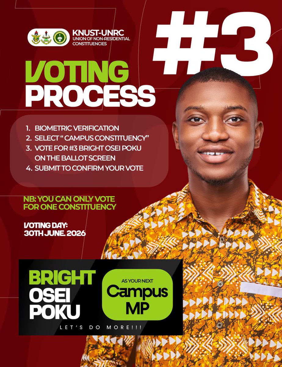 EwudzieArkoh's tweet photo. Vote Bright as your next campus MP 

#3 on Tuesday https://t.co/KiaQOXBxLs