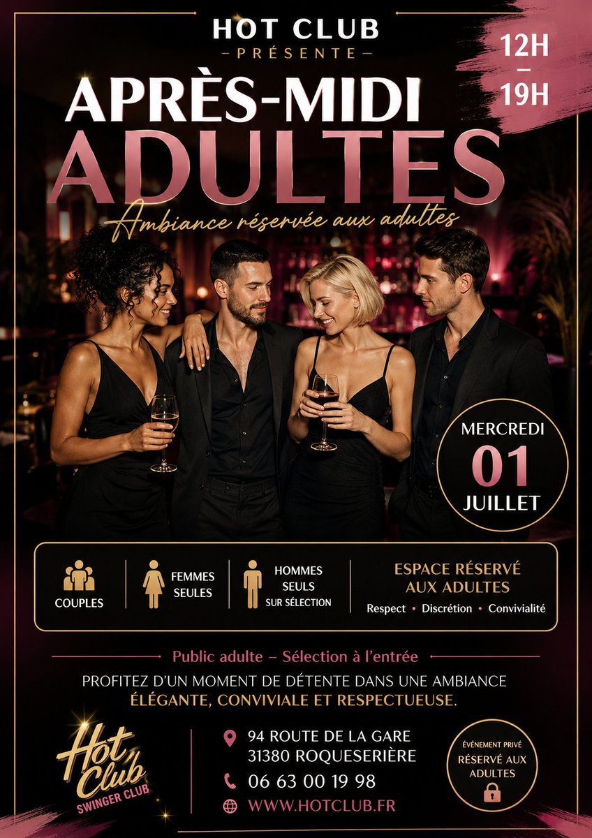 ChrisHotClub's tweet photo. Mercredi 01 juillet 🕛 De 12h à 19h 👫 Couples 👩 Femmes seules 👤 Hommes seuls sur sélection
📍 HOT CLUB 94 Route de la Gare 31380 Roquesérière
🌐 https://t.co/NJCxJ1pTN7 📞 06 63 00 19 98
#HotClub #AfterParty #Adultes #EvenementPrive #ClubPrive #Lifestyle #Rencontres #Toulouse https://t.co/GasVlevtmc