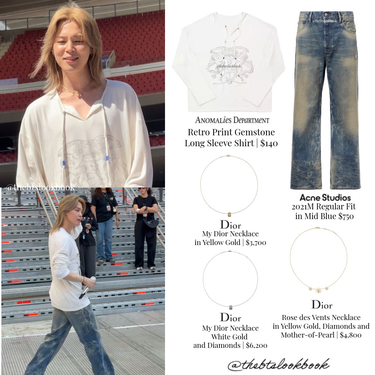 thebtslookbook's tweet photo. Jimin wearing Anomalies Department “Retro Print Gemstone Long Sleeve Shirt”, @acnestudios “2021M Jeans” and @Dior “My Dior Necklaces”
#jimin #박지민 #BTS #thebtslookbook #jiminfashion #ootd #Dior #JiminxDior
#BTS_WORLDTOUR_ARIRANG
#BTS_WORLDTOUR_ARIRANG_MADRID https://t.co/ormVerCREp