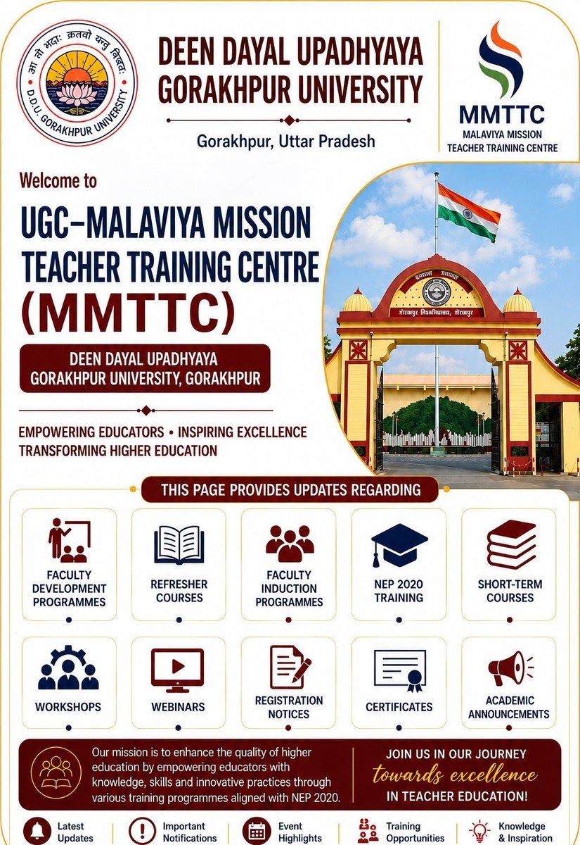 MMTTCDDUGU2026's tweet photo. Welcome to UGC–Malviya Mission Teacher Training Centre (MMTTC), Deen Dayal Upadhyaya Gorakhpur University, Gorakhpur.
 #NEP2020.
Stay connected for updates on FDPs, Refresher Courses, FIPs, Workshops, Webinars, and more. https://t.co/G2nffpaO54