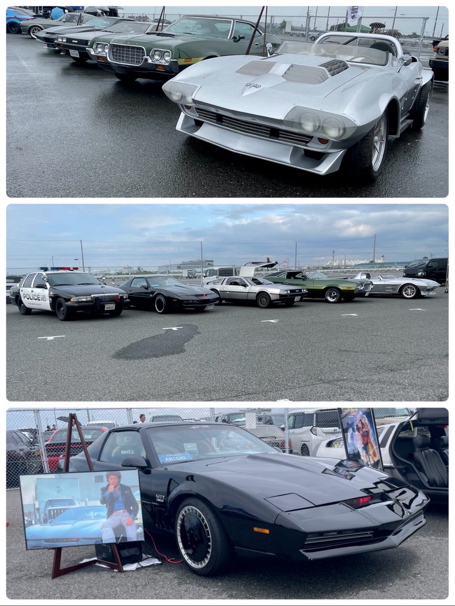 project_knight_'s tweet photo. ナイトライダー　ナイト2000 
展示任務完了👍
本日は以前ポストしましたアメマガ様のイベントで展示側としてナイト2000 を披露させていただきました。
10時オープン9時まで大雨、準備にカッパ持って行って良かったですが10時から超晴天☀️
素晴らしいイベントでございました😊

アメマガ様のポップにナイト2000 を掲示して頂き、それを目掛けてきてくださった方々や弊社のポストを見て来てくださった方々、本当にありがとうございました🙇‍♂️

来場車両や一般展示車両など素晴らしい車両ばかりで楽しませてもらいました。

そして、弊社が命を吹き込んだ恐竜も来ましたよ、タイムトラベルして恐竜付いてきました！？🤣

#アメ車　#アメマガ　#デロリアン　#イベント