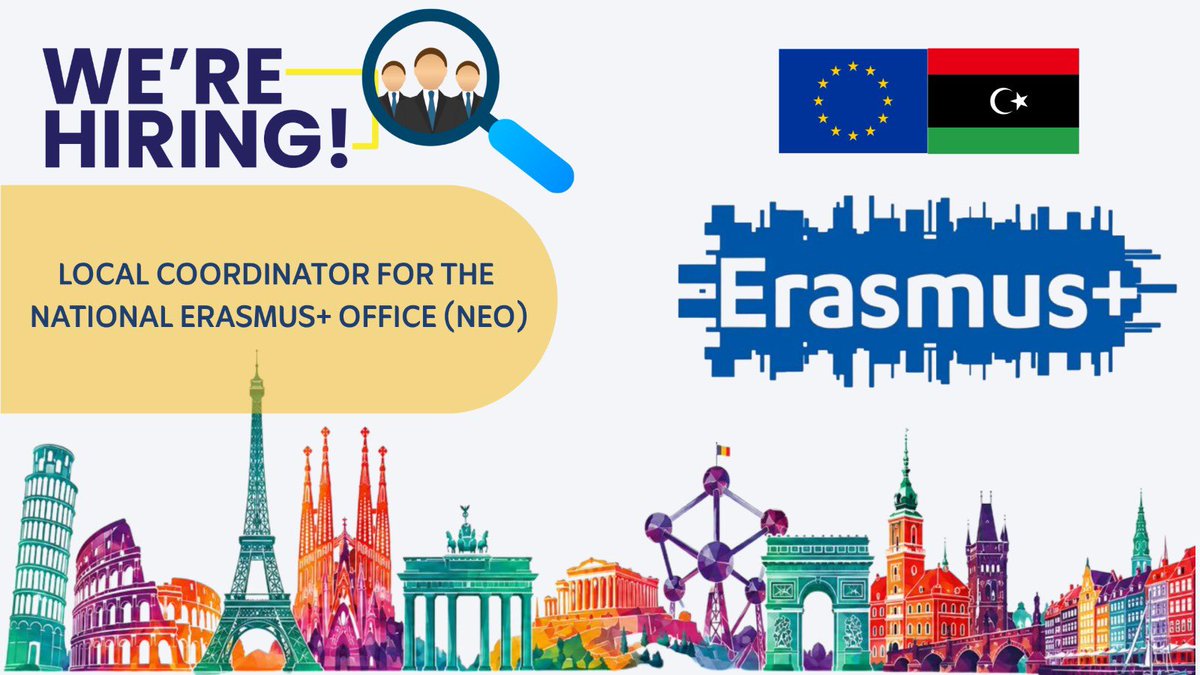 EUinLibya's tweet photo. Vacancy: Coordinator for Libya’s National Erasmus+ Office. 

Lead Erasmus+ outreach, training and coordination with the Ministry of Higher Education, the EU Delegation and the European Education and Culture Executive Agency. 

Apply by 12/07/2026.
 
🔗: https://t.co/BYc56EOSAu https://t.co/Dxc41AMTLp