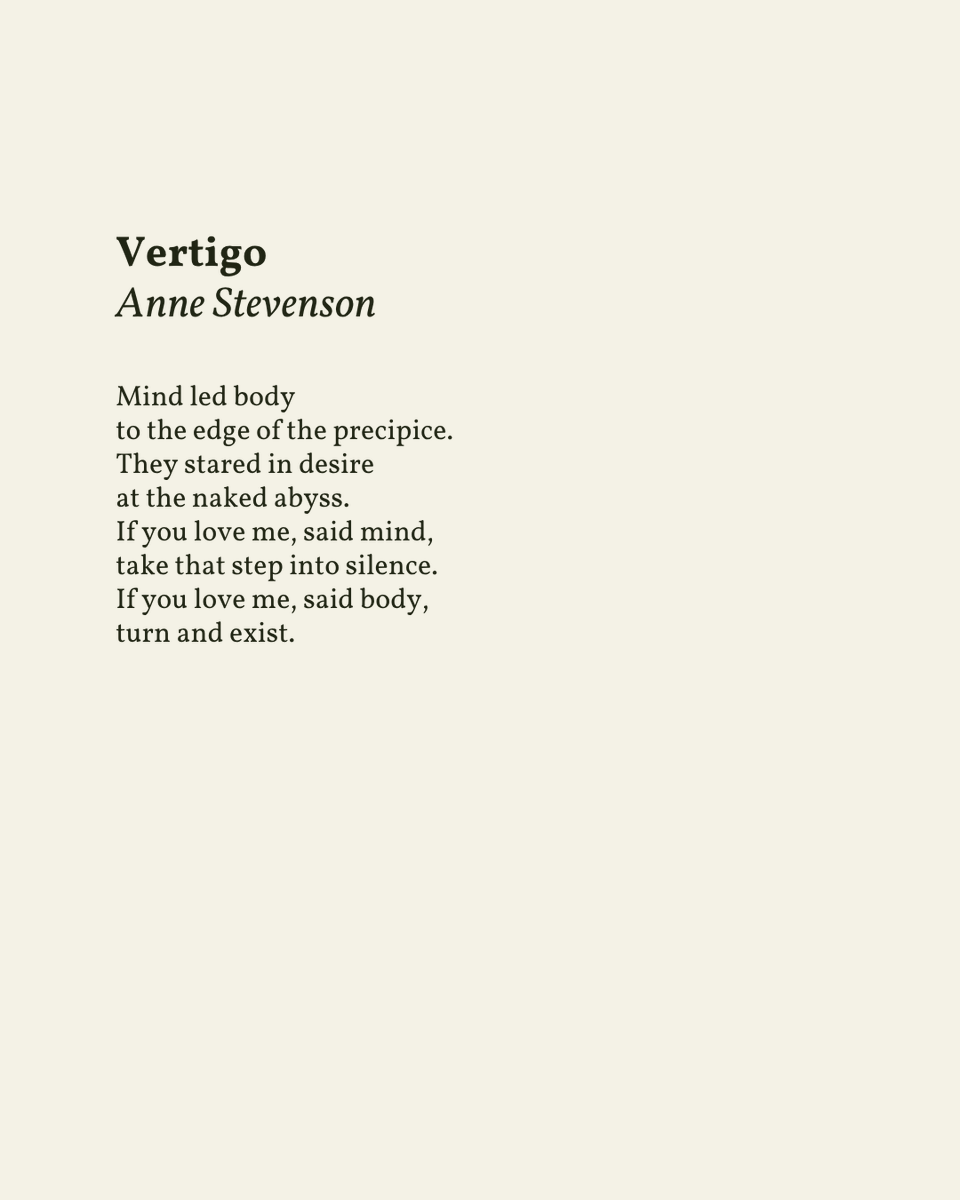 readalittlepoem's tweet photo. “If you love me, said body, / turn and exist.”

— Anne Stevenson

.
.
.

This poem appeared in Poems 1955-2005 by Anne Stevenson, published by Bloodaxe Books, 2005. Shared here with deep gratitude. https://t.co/5tI8z7nIvy