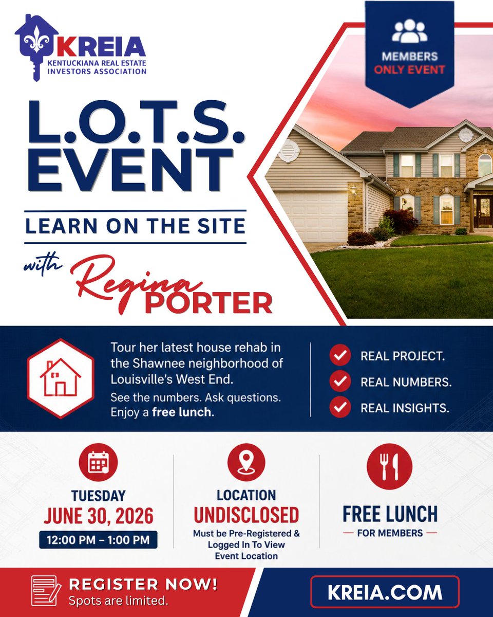 REIAKY's tweet photo. 🏡 Real project. Real numbers. Real insights.

Join KREIA's L.O.T.S. Event with Regina Porter.

📅 June 30, 2026
⏰ 12:00 PM – 1:00 PM

🔒 Members Only Event
📍 Location disclosed after registration

👉 Register now before spots fill up!

#KREIA #LOTS https://t.co/lFQExtsgFN