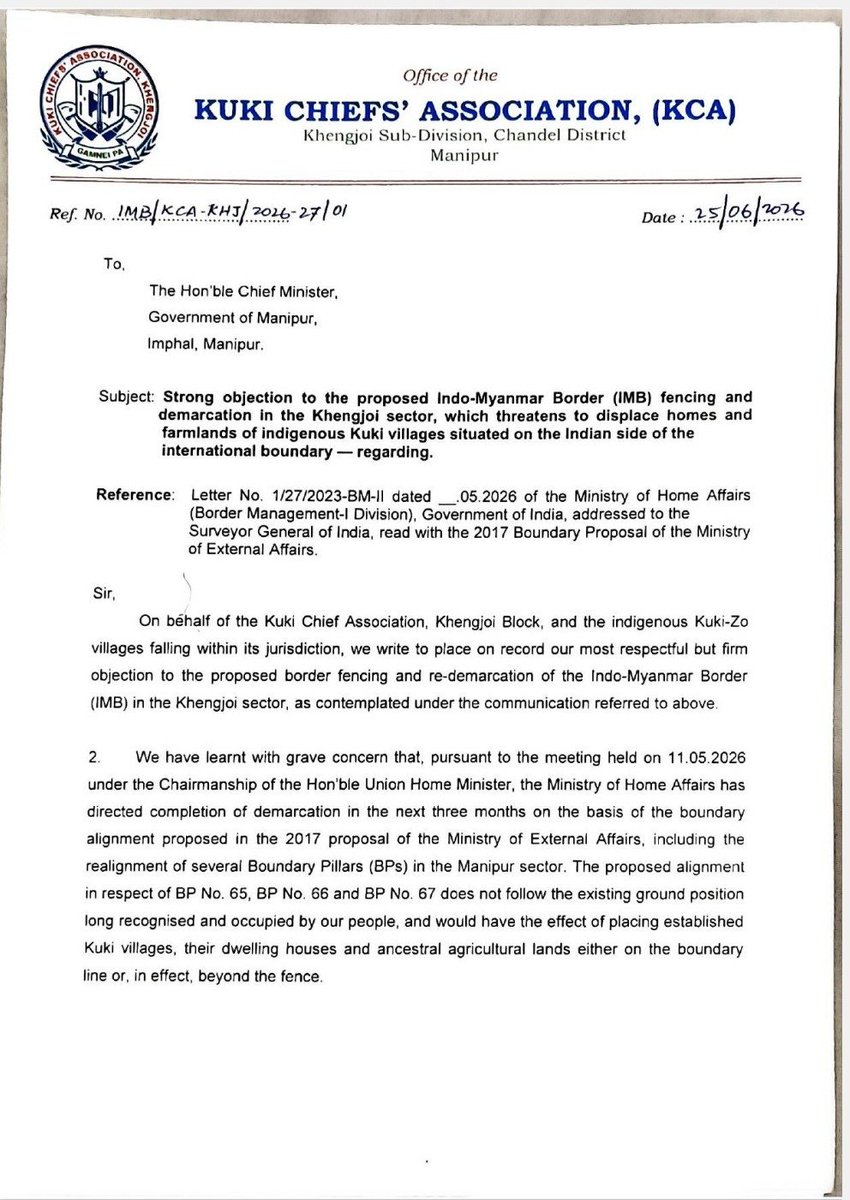 KhongsaiChanu's tweet photo. Manipur : The Kuki Chiefs’ Association Khengjoi Block strongly opposed the proposed Indo-Myanmar Border fencing and re-demarcation, stating that the new alignment of BP Nos. 65, 66 and 67 could affect indigenous Kuki villages, homes and ancestral lands and urged the concern authorities to review the proposal and ensure border security does not come at the cost of displacing border communities.

Read : https://t.co/D3iLDKQtzM

@PIB_India @official_dgar @PTI_News @NortheastToday @IndiaTodayNE @BSF_India @DeccanHerald @MIB_India @NENowNews @NELiveTV @CBC_MIB @Spearcorps @SpokespersonMoD @easterncomd @scroll_in @the_hindu @ThePrintIndia @thewire_in @adgpi @timesofindia @TheLallantop @ANI @power_corridors @PTI_News @HMOIndia @NCM_GoI @Dig_raw21 @samridhitewari @Kashish__singh_ @vijaita @EastMojo @PMOIndia @PIBHomeAffairs @MEAIndia @GoI_MeitY @hrw @UNHumanRights @UN
