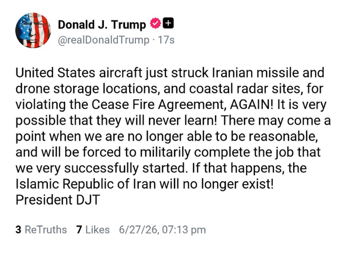 RedWaveSignal's tweet photo. 🚨Trump claims U.S. forces struck Iranian military targets after an alleged ceasefire violation. 

If confirmed, this marks another major escalation with global implications. https://t.co/uhIaF9p3X6
