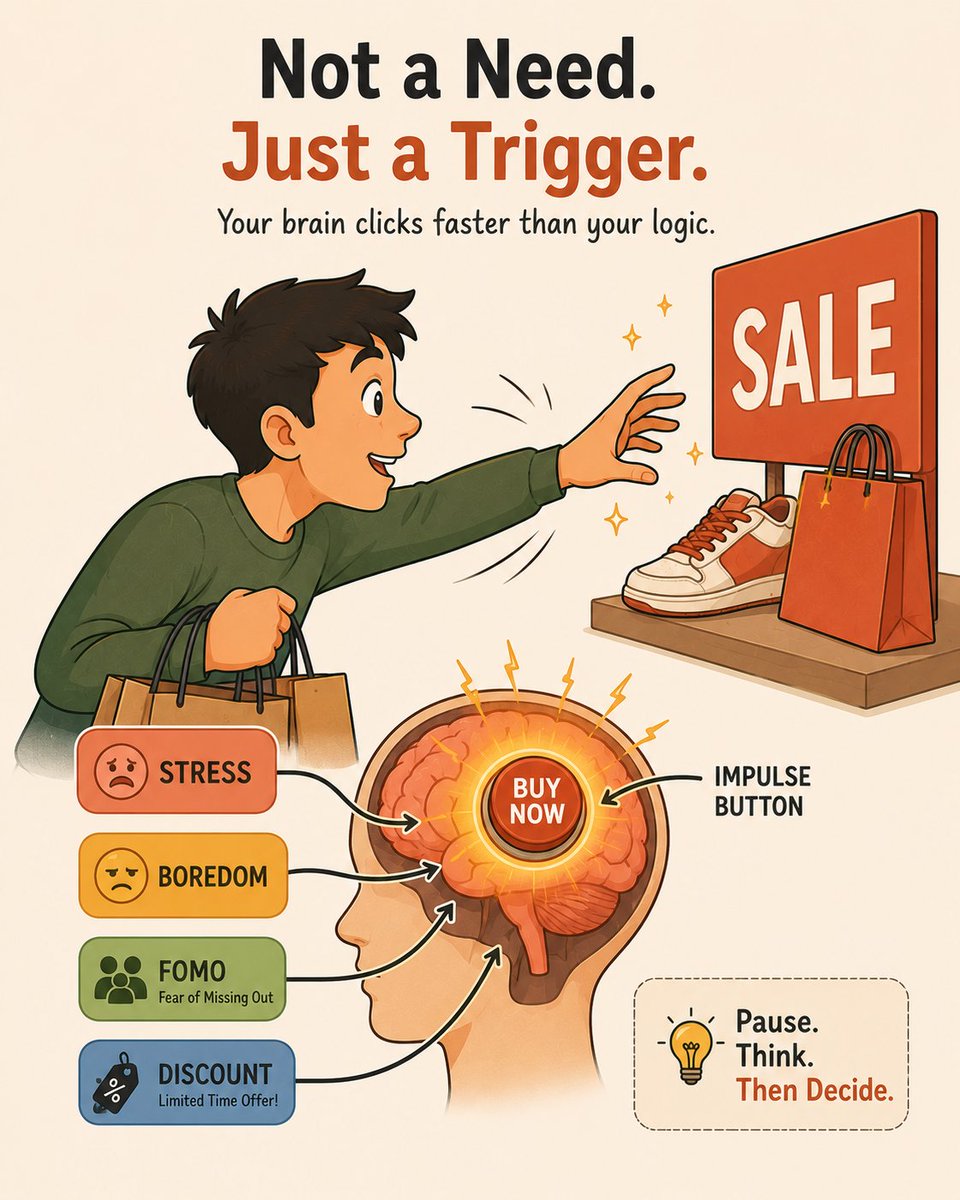 financewithanas's tweet photo. You weren't buying the thing.
You were buying relief from the feeling.

Stressed. Bored. FOMO. Excited.
The cart fills itself.

Fix the trigger, not just the budget.
Spending is rarely about money.

#FinanceWithAnas #MoneyMindset #SmartSpending https://t.co/a9IBPKTZji