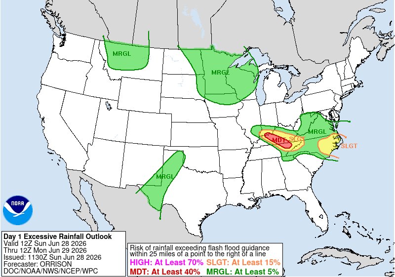 NWSWPC's tweet photo. A MODERATE risk is in effect in our Day 1 Excessive Rainfall Outlook. More details: https://t.co/cfgBoWyKla https://t.co/J8iR3Y6Ru7