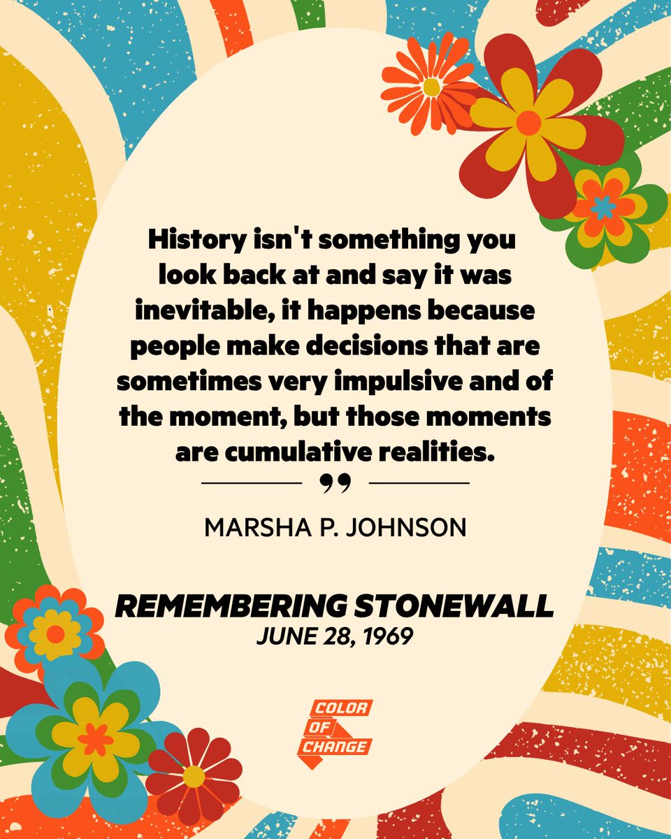 ColorOfChange's tweet photo. Stonewall was the genesis of the LGBTQ+ rights movement, born of the tenacity of Brown and Black queer people. There is no silencing what is loud and proud.

Today, we honor the people who came before us, and we keep building. https://t.co/WOL8weiMhs