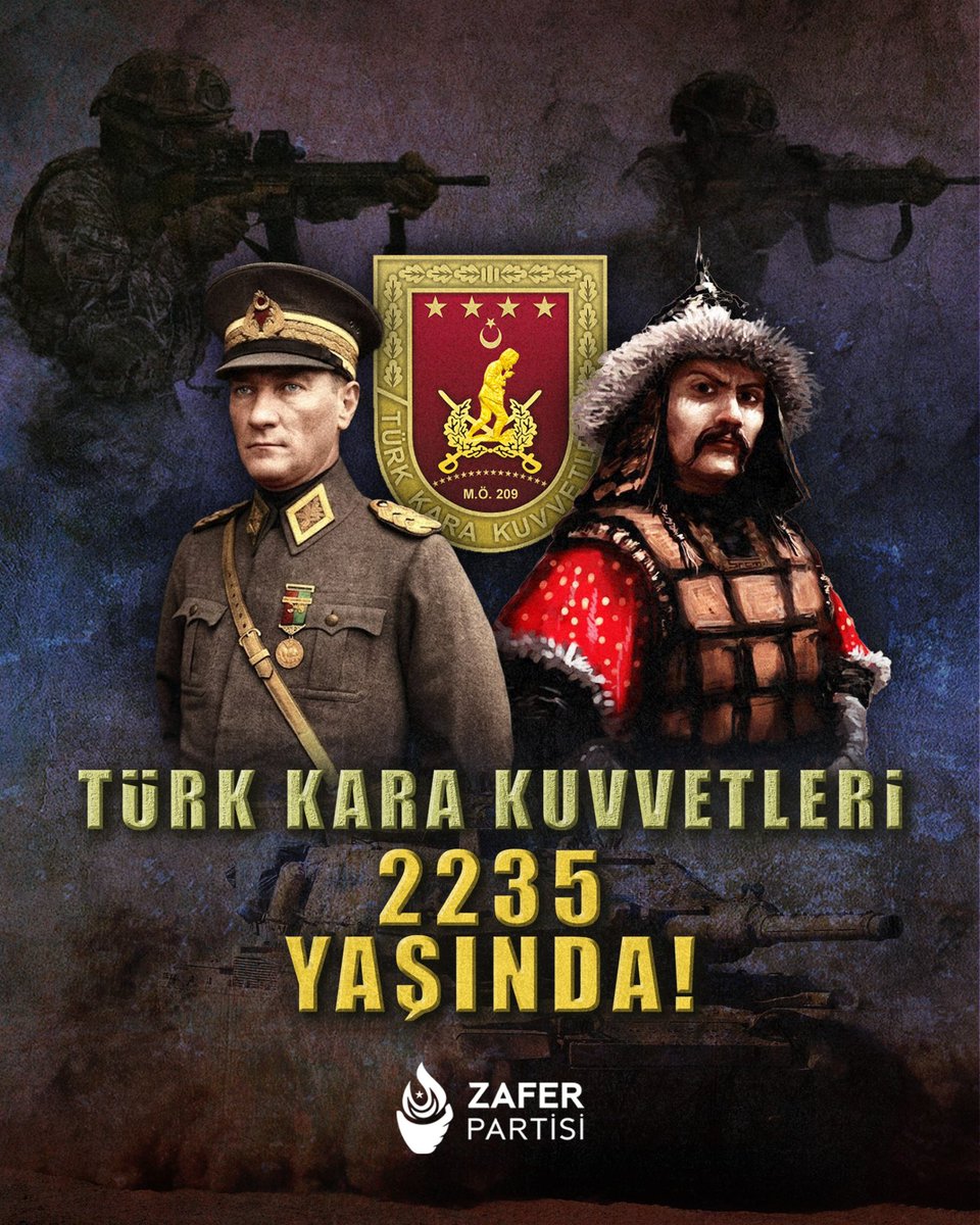zaferpartisi's tweet photo. Mete Han’ın M.Ö. 209’da attığı temellerle yükselen ve Gazi Mustafa Kemal Atatürk’ün vizyonuyla şekillenen, milli bağımsızlığımızın sarsılmaz güvencesi Türk Kara Kuvvetleri’nin 2235. kuruluş yıl dönümünü gururla kutluyor; aziz şehitlerimizi ve gazilerimizi şükranla anıyoruz. https://t.co/Bq0UeqtYnF