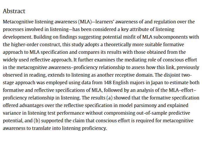 RMALJournal's tweet photo. New article: 
Mikami, H. &amp; Liu, K. (2026). Formative modeling of metacognitive listening awareness: Model comparison and extension of Alamer and Alsagoafi (2023). Research Methods in Applied Linguistics, 5(3), 100337: https://t.co/6bX1BeaPIO https://t.co/xxkPekGZrX