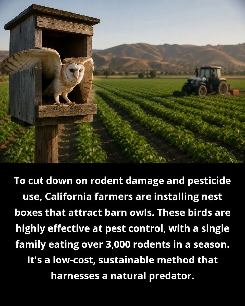 dufitalexis1's tweet photo. In California's vineyards and orchards, farmers are turning to a natural predator for pest control.

Barn owls are voracious hunters—a single nesting pair and their young can consume thousands of rodents in a season, reducing crop damage and the need for chemical pesticides.

By installing nest boxes, growers create a partnership with these silent nocturnal hunters, proving that sustainable farming can work with nature, not against it. 🦉🌾
