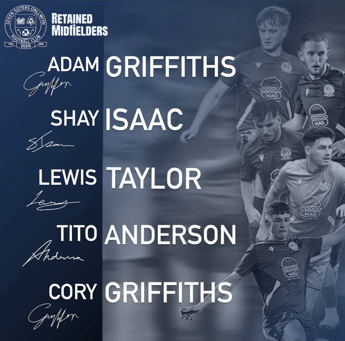 7SistersOnllwyn's tweet photo. Retained 👊🏻🔒💪🏻

We’re delighted to announce our midfield retention list for the 26/27 season 🙌🏻

Adam Griffiths
@shayisaac02 
Lewis Taylor
@TitoAnderson4 
Cory Griffiths

✍🏻✍🏻✍🏻
💙💚💙💚💙
#7SO https://t.co/SpLDiiILho
