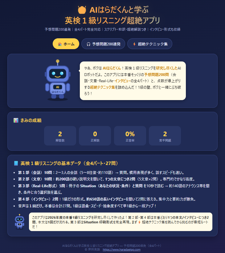slangjiten's tweet photo. 【英検1級のリスニング予想問題200連発アプリ、作りました＾＾】

英検1級のリスニングって、第4部のインタビュー（約650語）が1級だけの最難関で、第2部も200語の硬い説明文。語彙もスピードも抽象度も準1級から一段上がるんですよね。でも問われ方は決まっているから、聞き方の型さえ知れば取れる。だから全4パートを型から鍛えられるアプリを作りました。

しかも全部無料です。

▼ 英検1級 リスニング 対策の中身
・予想問題200連発…第1部 会話60問＋第2部 文章60問＋第3部 Real-Life 40問＋第4部 インタビュー40問。第2部・第4部は本番どおり「1本文につき2問」、第3部はSituation印刷形式まで完全再現
・超絶テクニック集…先読み最強伝説／「具体→抽象」の言い換え／インタビューは「仕事の説明」と「苦労・転機」を2列でメモ／ワナ選択肢カタログ5パターンまで、点が動く解き方を全部
・再生速度が0.75x〜3.0x…耳の天井を上げると本番がスローに聞こえます
・本番模試27問（第1部10＋第2部10＋第3部5＋第4部2の本番構成）／苦手復習モードつき

スマホでそのまま使えます。

1級の壁、リスニングの「型」でぶち破っていきましょう＾＾
https://t.co/dxrEm7HrmC
