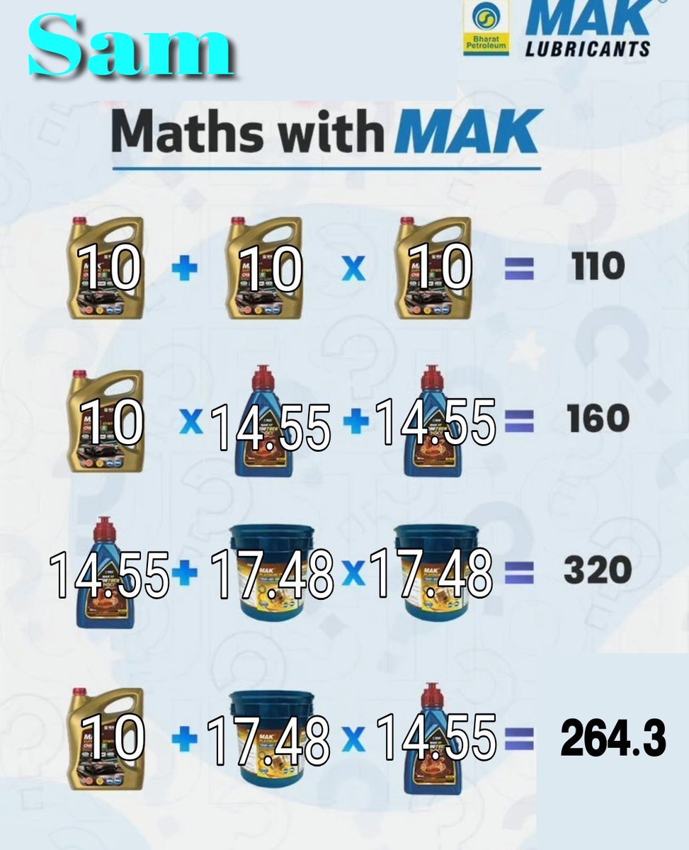 sam__leezz's tweet photo. @BPCLMakLubes 𝗔𝗡𝗦𝗪𝗘𝗥 : 𝟮𝟲𝟰.𝟯

𝟭𝟬 + 𝟭𝟬 × 𝟭𝟬 = 𝟭𝟭𝟬
𝟭𝟬 × 𝟭𝟰.𝟱𝟱 + 𝟭𝟰.𝟱𝟱 = 𝟭𝟲𝟬
𝟭𝟰.𝟱𝟱 + 𝟭𝟳.𝟰𝟴 × 𝟭𝟳.𝟰𝟴 = 𝟯𝟮𝟬
𝟭𝟬 + 𝟭𝟳.𝟰𝟴 × 𝟭𝟰.𝟱𝟱 = 𝟮𝟲𝟰.𝟯

@BPCLMakLubes #MAKLubricants #MAKByBPCL #MAKEquationChallenge #ThinkMAK #PoweredByPerformance

Join https://t.co/slK5zIStTT