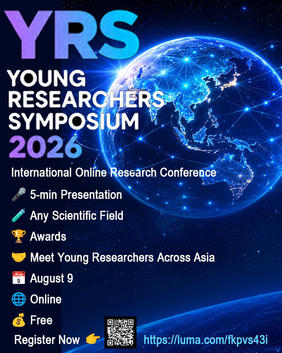KaiAraki358's tweet photo. π’ Applications are now open for Young Researchers Symposium (YRS) 2026! π
An international online symposium for high school and early undergraduate students.apply here!
π Register: https://t.co/JZrsYDLjal
#Research #STEM #StudentResearch #Science #InternationalStudents https://t.co/ApRcUIeZTL