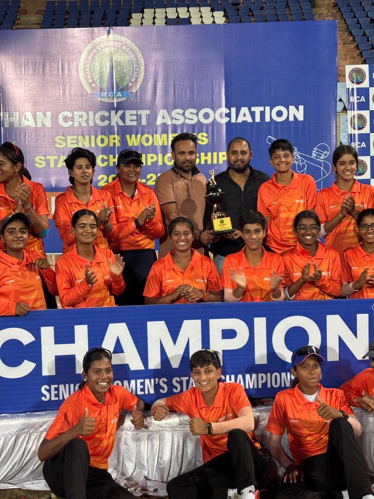 CricketRaj's tweet photo. PROUD MOMENT FOR SIKAR🏆. 
Congratulations to the SIKAR women cricket team 🏏 on becoming THE SENIOR WOMEN STATE CHAMPION 2026-27✨

One Team. One Dream. One Champion.
.
.
#teamsikar #champion2026 #winningteam🏆 
#rca #rajasthancricket https://t.co/KIyyx4ZYw2