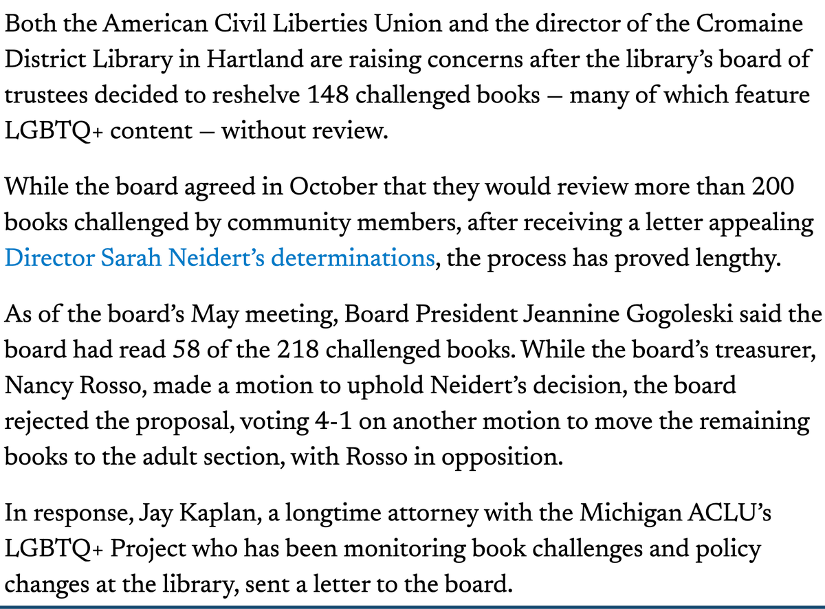 infodocket's tweet photo. Michigan: ACLU Raises First Amendment Concerns Over Hartland Library Board’s Decision to Reshelve LGBTQ+ #Books (via @MichiganAdvance) 

#libraries #publiclibraries #bookchallenges https://t.co/apLTP0drbv