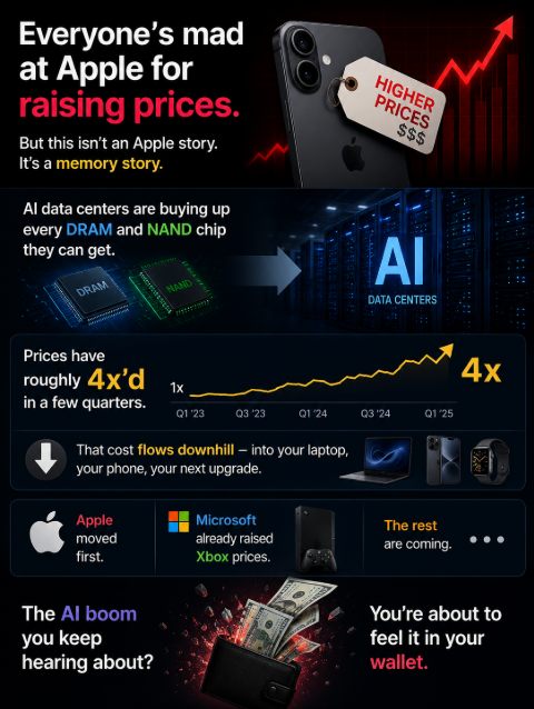 SpecScout_'s tweet photo. Everyone's mad at Apple for raising prices.
But this isn't an Apple story. It's a memory story.
AI data centers are buying up every DRAM and NAND chip they can get. Prices have roughly 4x'd in a few quarters. That cost flows downhill — into your laptop, your phone, your next upgrade.
Apple moved first. Microsoft already raised Xbox prices. The rest are coming.
The AI boom you keep hearing about? You're about to feel it in your wallet.