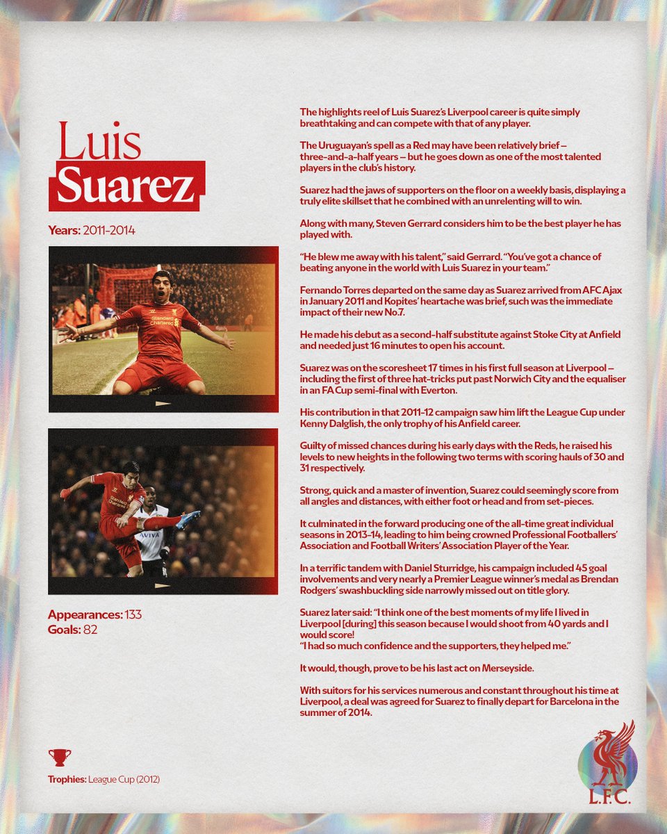 LFC's tweet photo. Liverpool's Greatest - No.15: Luis Suarez 🇺🇾