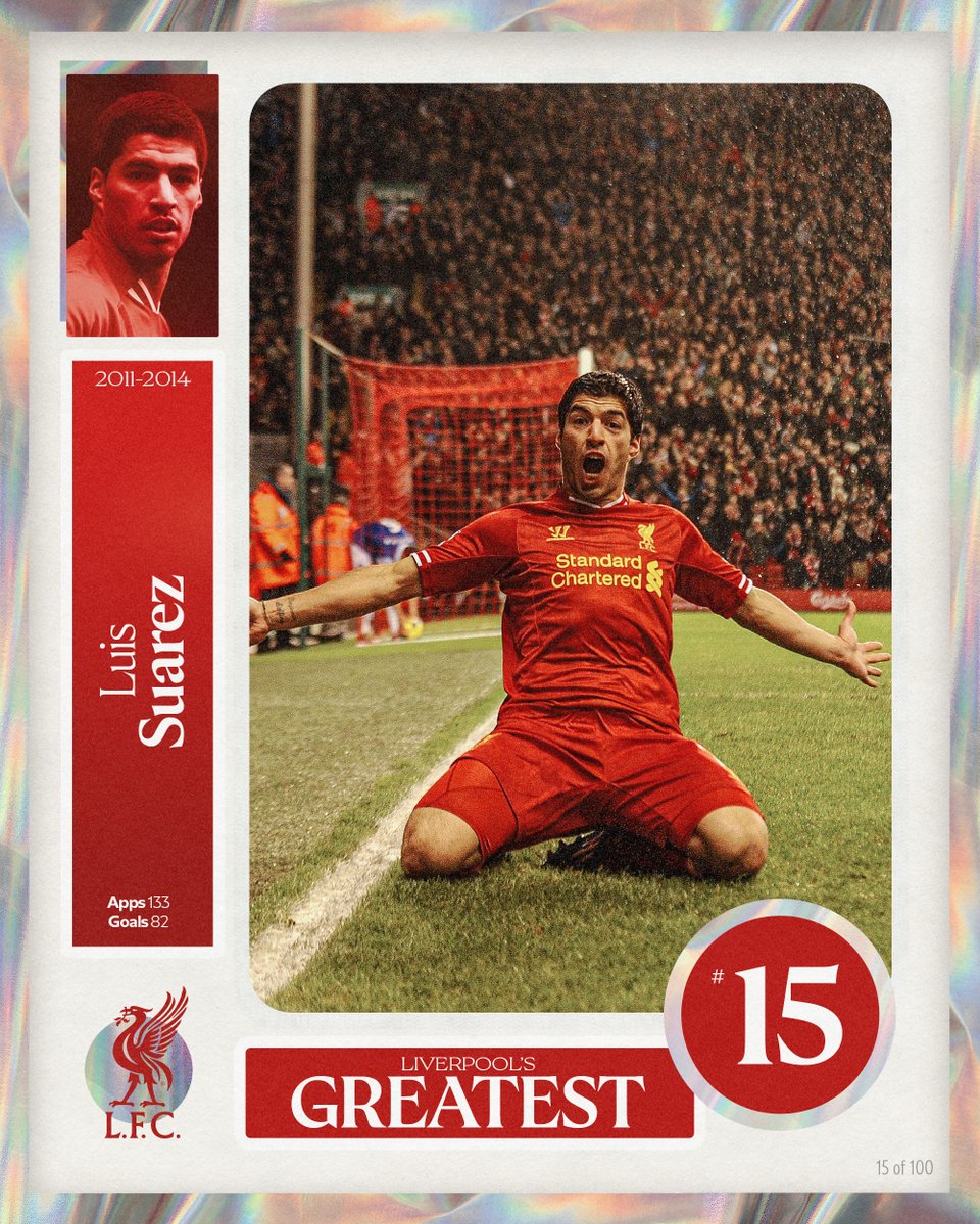 LFC's tweet photo. Liverpool's Greatest - No.15: Luis Suarez 🇺🇾
