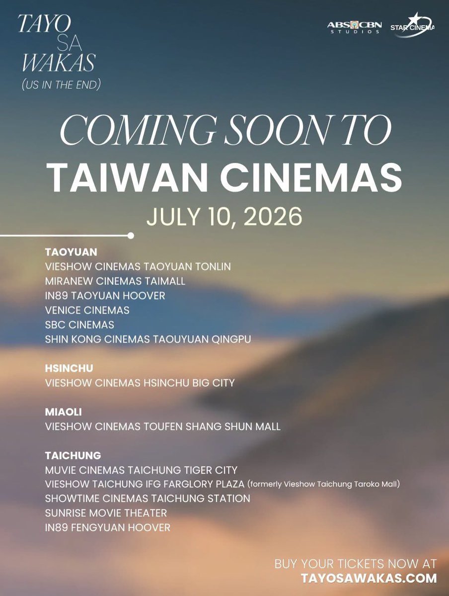 ABSCBNpr's tweet photo. Tayo Sa Wakas is coming to Taiwan! ✈️☁️

Get ready to experience the Filipino box office hit starting July 10. Get your tickets now https://t.co/PXeK4HtBie and https://t.co/AzOIEkmMy0 🎟️

#TayoSaWakas— a film by Cathy Garcia-Sampana starring Donny Pangilinan and Belle Mariano. https://t.co/1oSGIsgVa5