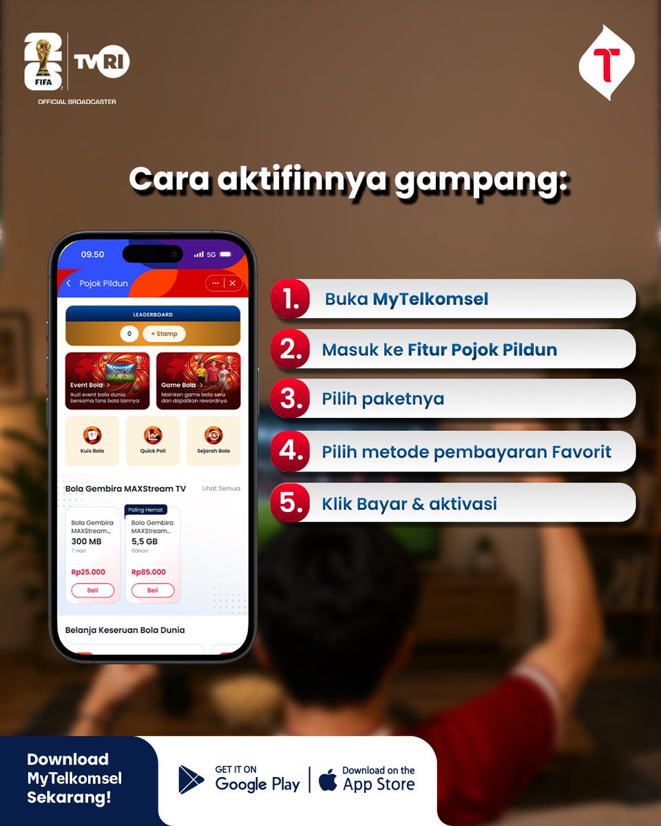 MyTelkomselApp's tweet photo. ⚽ Pertandingan sepak bola dunia sudah di depan mata!

Kalau paket nontonnya belum siap, sekarang waktu yang pas buat cek Paket Bola Gembira MAXStream TV di MyTelkomsel 👀🔥

Karena kesempatan menikmati penawaran spesialnya tinggal hari ini aja 😮‍💨

Yuk buka MyTelkomsel dan siapin pengalaman nonton yang makin seru!

#IniItuMakinGampang #BolaGembiraMAXStreamTV #Telkomsel5G #DekatnyaNyataPintarnyaTerasa #Telkomsel5GPoweredbyAI