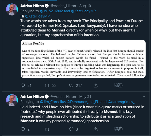 DarrenGuy's tweet photo. @NationensRost @HrPrethodnica @TheGloriousLion 🚨FAKE QUOTE🚨
These weren’t Monnet’s words at all – but those of the Conservative politician and author, Adrian Hilton, in The Principality and Power of Europe, published in 1997
The author himself admits the quote is fake. https://t.co/0uf1a7FaCv