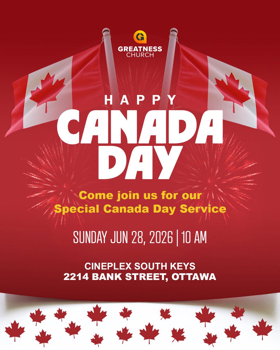 GreatnessOttawa's tweet photo. Oh, Canada! ❤️🤍
Join us for a special Canada Day Service as we thank God for the nation we call home and celebrate the hope we share together at Cineplex South Keys (2214 Bank St, Ottawa) @ 10:00 AM. Wear your red and white, bring a friend, and let’s celebrate together! 🇨🇦 https://t.co/HgjYfJSaay