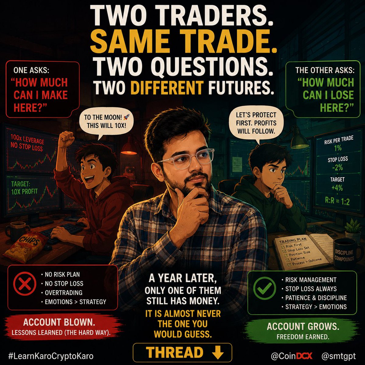 sachinweb3's tweet photo. Two traders open the same trade on the same coin.

One asks: "How much can I make here?"
The other asks: "How much can I lose here?"

A year later, only one of them still has money.

It is almost never the one you would guess. Here is why 👇🧵

#LearnKaroCryptoKaro https://t.co/QRxzffZwgF