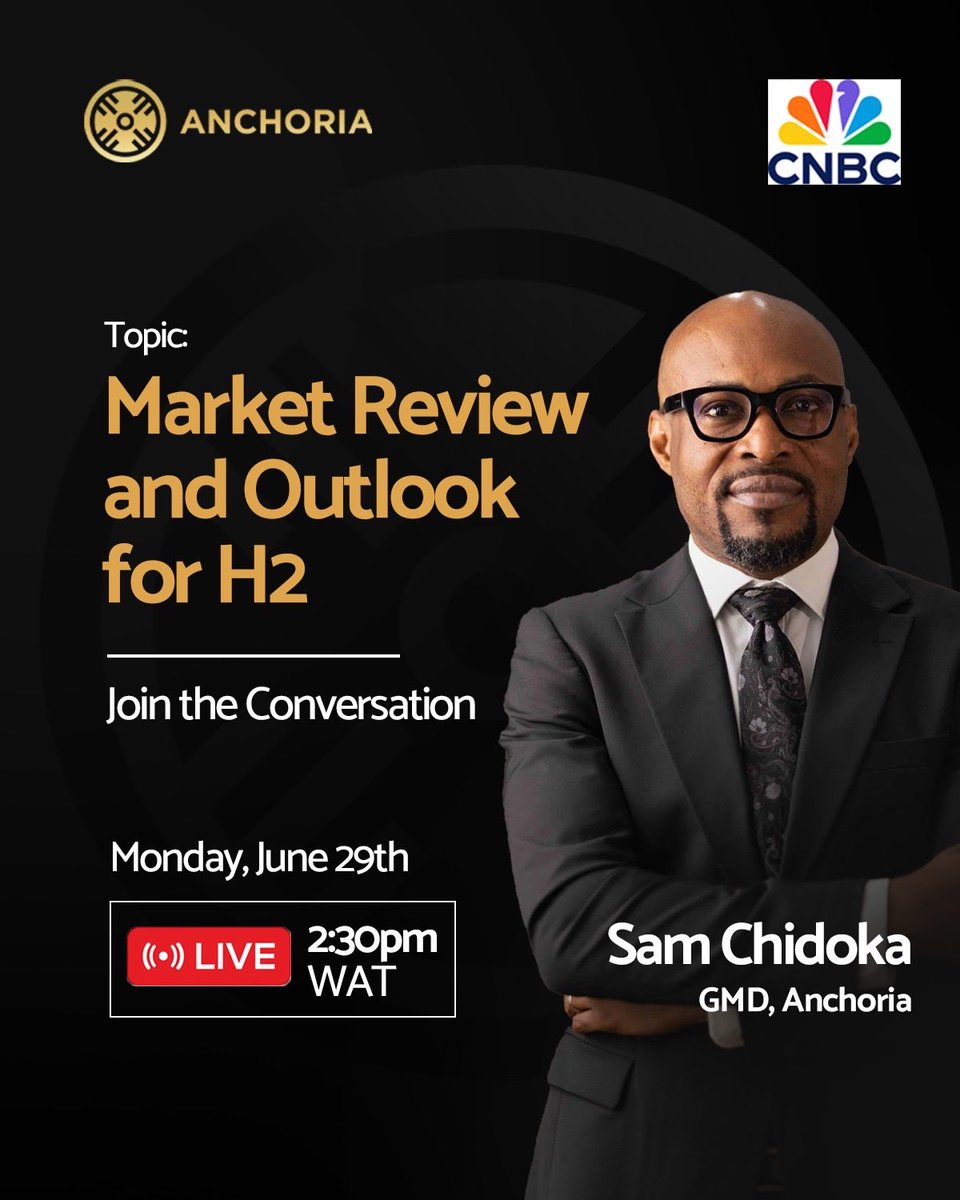 AnchoriaCapital's tweet photo. Tune in!

The Group Managing Director of Anchoria, Sam Chidoka, will be live on CNBC Africa on Monday, June 29 to share insights on the market and expectations for the second half of the year.

Don’t miss it — 2:30 PM https://t.co/oMtSIFhLUj