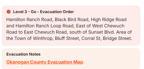 Wa_fire_watch's tweet photo. #HamiltonFire URGENT!!! Evacuation upgrade for several areas. Northeast Winthrop is now under Level 3 evacuate. Air support is continuing their work. Wind gusts continue to be around ~30 MPH. Air quality remains near 150 in the Winthrop area. #wawx https://t.co/1txWsKwQS1