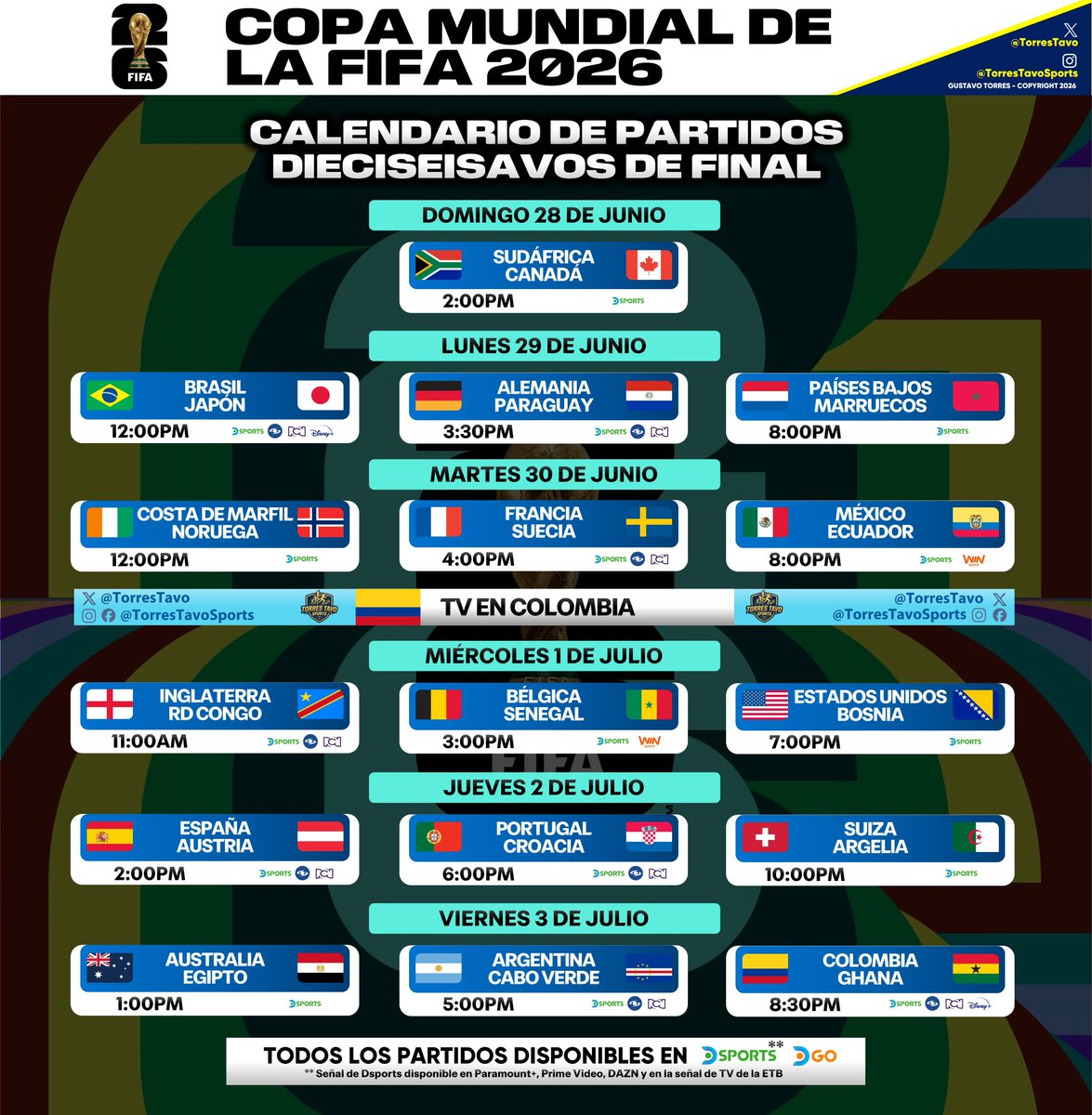 CamiNews93's tweet photo. POR TV 🇨🇴📺👀✅ Así se verán los 16 avos de final de la @fifaworldcup_es 📸 @TorresTavo https://t.co/0byDCnCYHZ