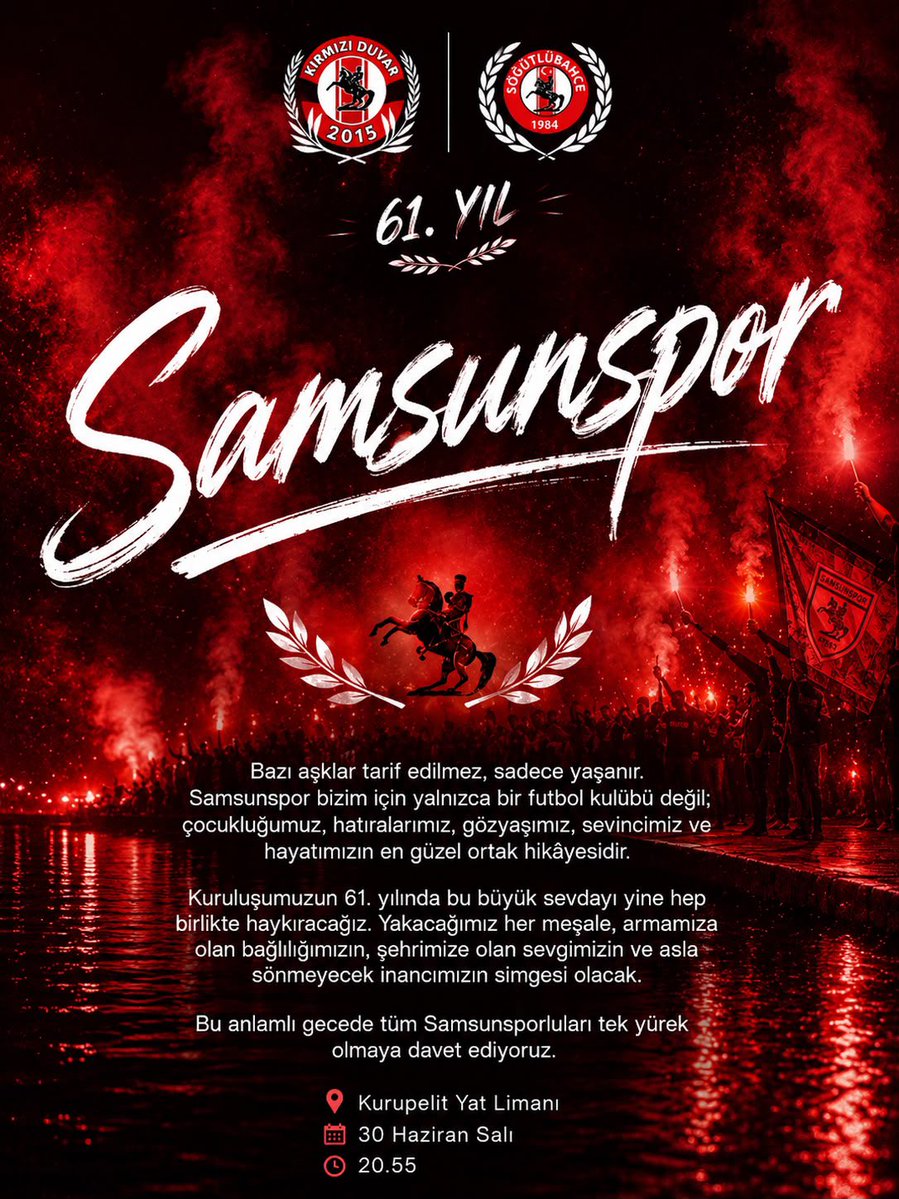 Sogutlubahce55's tweet photo. Bazı aşklar tarif edilmez, sadece yaşanır. Samsunspor bizim için yalnızca bir futbol kulübü değil; çocukluğumuz, hatıralarımız, gözyaşımız, sevincimiz ve hayatımızın en güzel ortak hikâyesidir.

Kuruluşumuzun 61. yılında bu büyük sevdayı yine hep birlikte haykıracağız. Yakacağımız her meşale, armamıza olan bağlılığımızın, şehrimize olan sevgimizin ve asla sönmeyecek inancımızın simgesi olacak.

Bu anlamlı gecede tüm Samsunsporluları tek yürek olmaya davet ediyoruz.

📍 Kurupelit Yat Limanı
📅 30 Haziran Salı
🕘 20.55

Meşaleni al, omuz omuza ver ve 61 yıllık bu büyük sevdanın bir parçası ol.

#samsunspor #Kırmızıduvar2015 #söğütlübahçe1984
