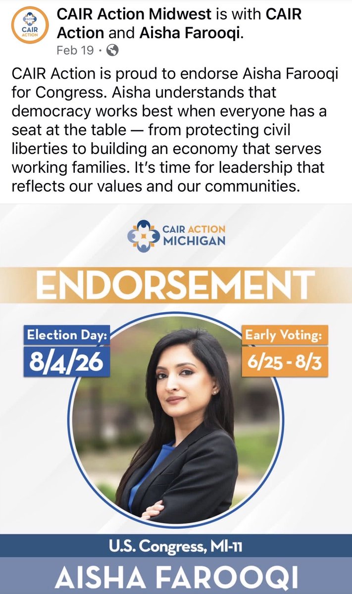 hahussain's tweet photo. There seems to be more Muslim women running for political office in America than all of the Muslim world. This makes me proud of our American society and system. However, it saddens me that, instead of using their empowerment to lead the Muslim world out of its hole, these Muslim women end up using their newfound power to replicate the very same repressive systems they or their parents fled.

Aisha Farooqi runs in MI on a platform focused on defeating friends of Israel, a country that calls itself a friend and ally of America, while endorsing the platform of countries that pride themselves for shouting death to America or bashing it.

CAIR, which defines its mission as “building Muslim political power,” endorses Farooqi, and she doesn’t say no. As an American, why the bias to Muslims against Israel? If anything, remain neutral and equidistant. But no, her candidacy is not for changing the game. She runs for changing sides within the same game. 

The bottom line here is that these Muslim women in office, or office hopefuls, end up fighting their old world battles, trying to build up the same tyranny they fled.

Sad!