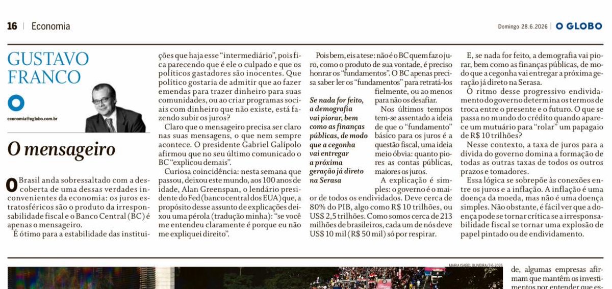 reztirps's tweet photo. Vale ler a coluna do @gustavohbfranco. Impossível explicar motivo dos juros altos de forma mais clara. https://t.co/syx2TTq9oS