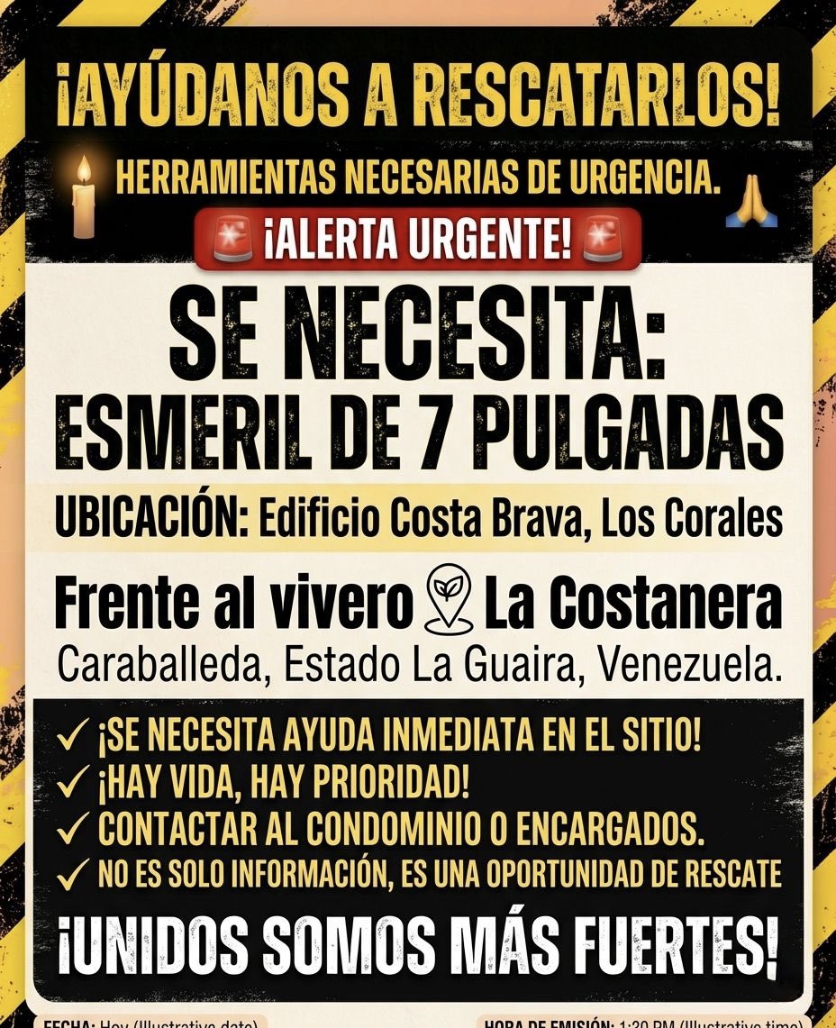 AlbertoAltuve's tweet photo. 📍 Edif. Costa Brava, Los Corales, Caraballeda - La Guaira

🚨 Continúan las labores de rescate con apoyo de maquinaria pesada.

Además, solicitan con carácter de urgencia un esmeril de 7 pulgadas para apoyar los trabajos en la zona.

🔁 Ayúdanos compartiendo esta publicación para que el llamado llegue a más personas.

🙏🇻🇪