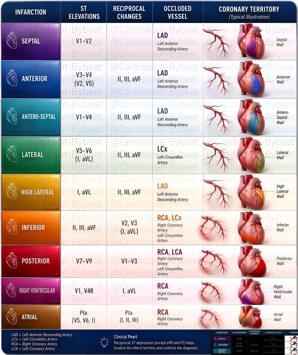 CardioBeat_'s tweet photo. https://t.co/uuKtsLhbft
📊 ECG-MI correlation: ST elevations localize occlusion (LAD, LCx, RCA). Reciprocal changes confirm territory &amp; infarct site. Essential STEMI mapping. 🫀⚡

#Cardiology #STEMI #EKG #MedEd #AcuteCoronarySyndrome https://t.co/5CJGTQuf9F