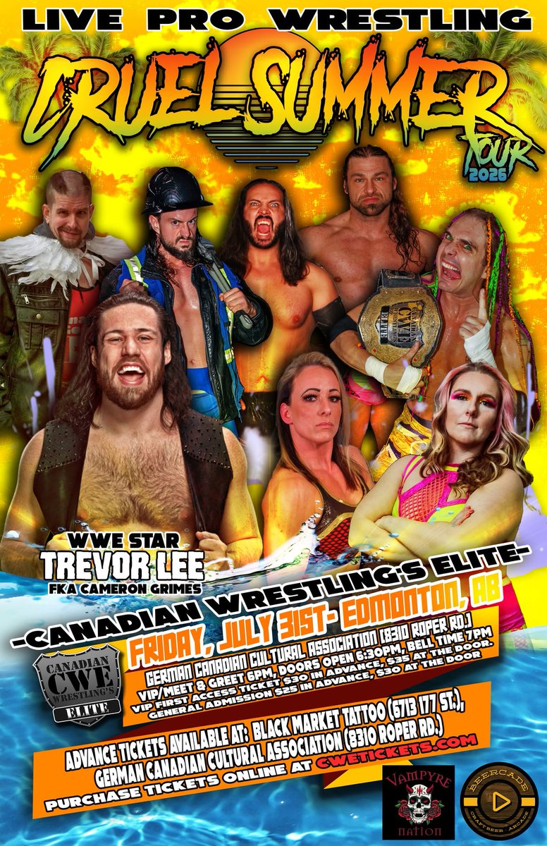 CWECanada's tweet photo. July 31 @CWECanada Edmonton, Alberta

Featuring @TrevorLeePro @CrudeOilCodyMac @CanadianGooseKS @OmenLestat @lionwarriorab @LoryWrestler @shaunmartens @OfficialCamRoss &amp; more! https://t.co/lOCiORLRM3