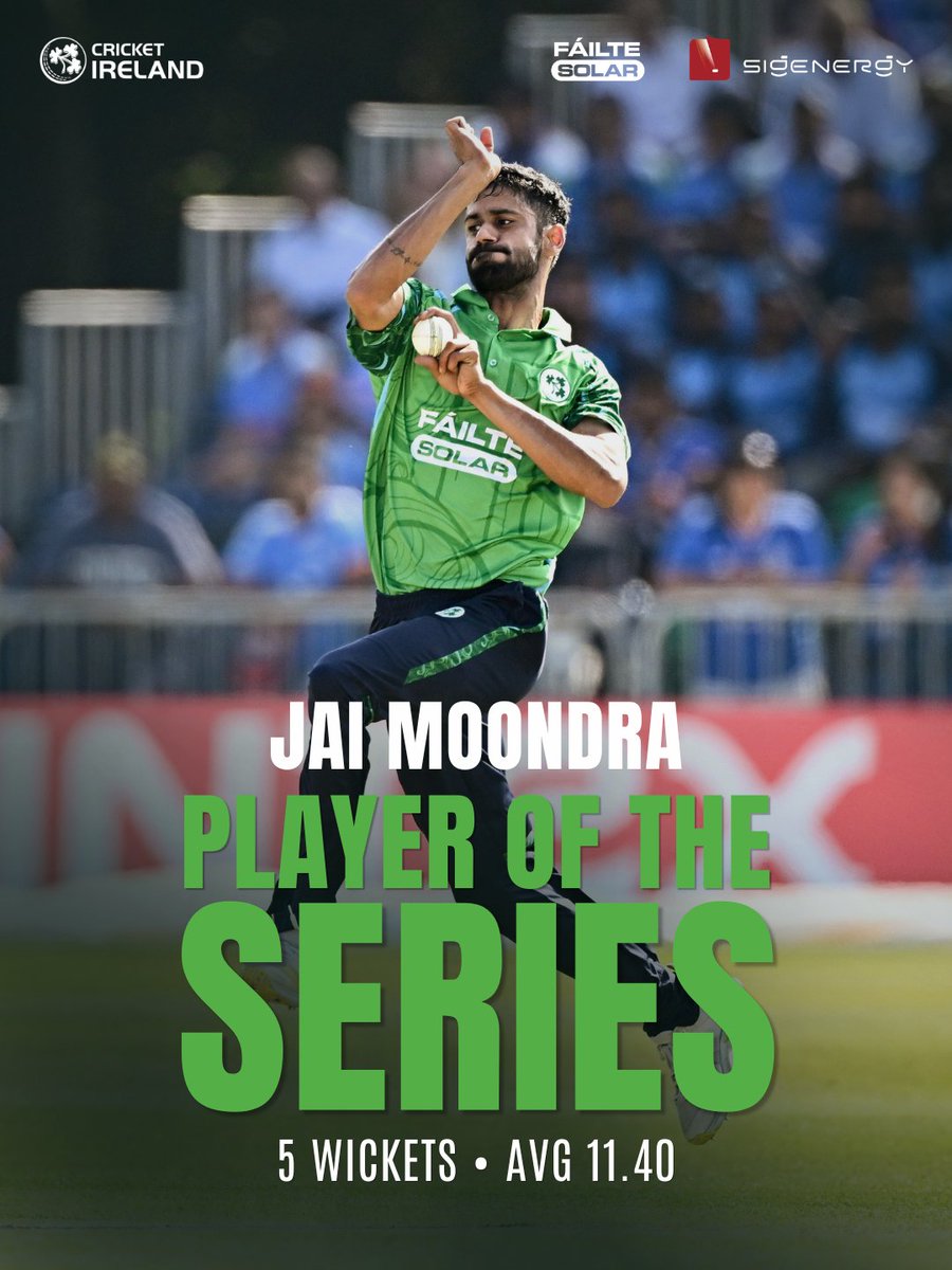 cricketireland's tweet photo. From debut to standout performer! βοΈ
Jai Moondra caps a brilliant series.
#BackingGreen | #IREvIND | #FailteSolar https://t.co/5I1ylzFCPf