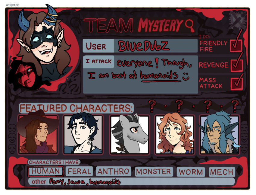 BlueDubz_'s tweet photo. My Artfight team this year is team mystery :) 

I know I'm lowkey dead on here but thought I'd post

#artfight2026 #teammystery #myart https://t.co/NdJbpE8Ekx