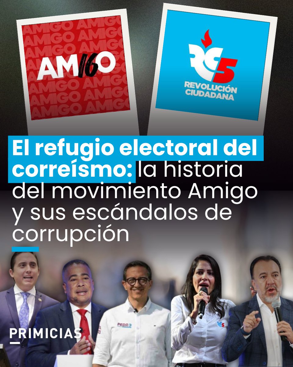Primicias's tweet photo. El correísmo correrá en las seccionales de 2026 auspiciado por el movimiento Amigo tras ser suspendido temporalmente. Amigo es una organización denominada "de papel" creada por el sentenciado exasambleísta Daniel Mendoza. Desde el año 2020, este movimiento funciona como una plataforma para candidatos presidenciales que coleccionan fracasos electorales. https://t.co/36MGso0WST