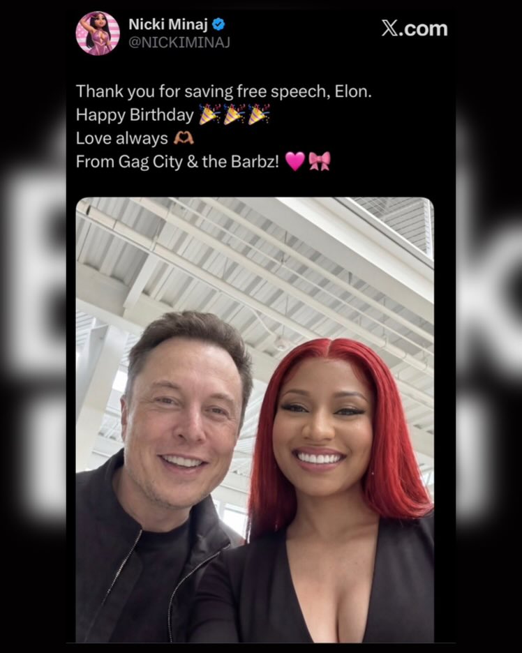 BlackMedia___'s tweet photo. Awwwn! 🥹🩷 The undisputed Queen of Hip Hop, @NICKIMINAJ, wishes @elonmusk, the world’s first trillionaire, a happy birthday.

“Thank you for saving free speech, Elon.
Happy Birthday 🎉🎉🎉
Love always 🫶🏽
From Gag City &amp; the Barbz! 🩷🎀” https://t.co/kUuvbdi7N0