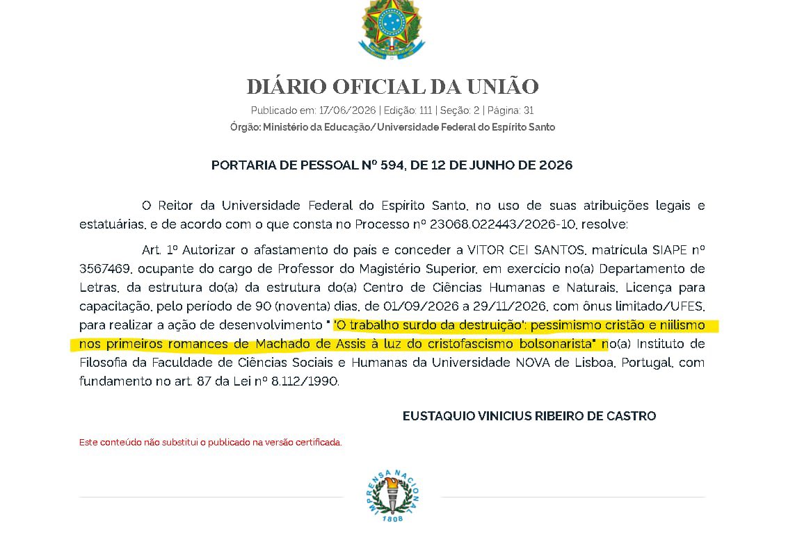 cabreraagro's tweet photo. Estou embarcando hoje para Portugal sem levar na bagagem um único centavo de recurso público.

Pelo contrário: vou participar de um evento na Universidade Católica Portuguesa para fazer uma defesa pública do agronegócio brasileiro — esse setor que produz, exporta, gera empregos, alimenta o mundo e ajuda a sustentar a economia nacional.

Enquanto isso, no Brasil, o Diário Oficial registra o afastamento remunerado de professor de universidade federal para desenvolver, também em Portugal, uma pesquisa com o título: “O trabalho surdo da destruição: pessimismo cristão e niilismo nos primeiros romances de Machado de Assis à luz do cristofascismo bolsonarista”.

Nada resume melhor a inversão de prioridades do Estado brasileiro.

Quem quer defender o agro brasileiro precisa pagar a própria passagem.

Quem quer transformar Machado de Assis em munição ideológica contra metade do país pode contar com licença, salário público e apoio institucional.

O Brasil produtivo viaja para abrir portas.
O Brasil burocrático viaja para fechar cabeças.

E depois ainda perguntam por que o país cresce menos do que poderia.
#Agro #Educação