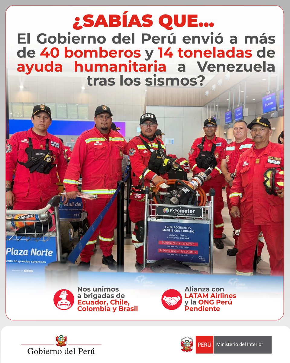 MininterPeru's tweet photo. ¡Estamos #ContigoVenezuela! 🇵🇪🇻🇪

#SabíasQue el Gobierno del Perú envió más de 40 bomberos especializados en búsqueda y rescate del @cgbvpoficial y 14 toneladas de ayuda humanitaria a Venezuela para apoyar a la población afectada por los devastadores sismos.

🤝 El Perú reafirma su compromiso con la solidaridad internacional, brindando apoyo oportuno en los momentos más difíciles.

#GobiernoDeTransición #AyudaHumanitaria