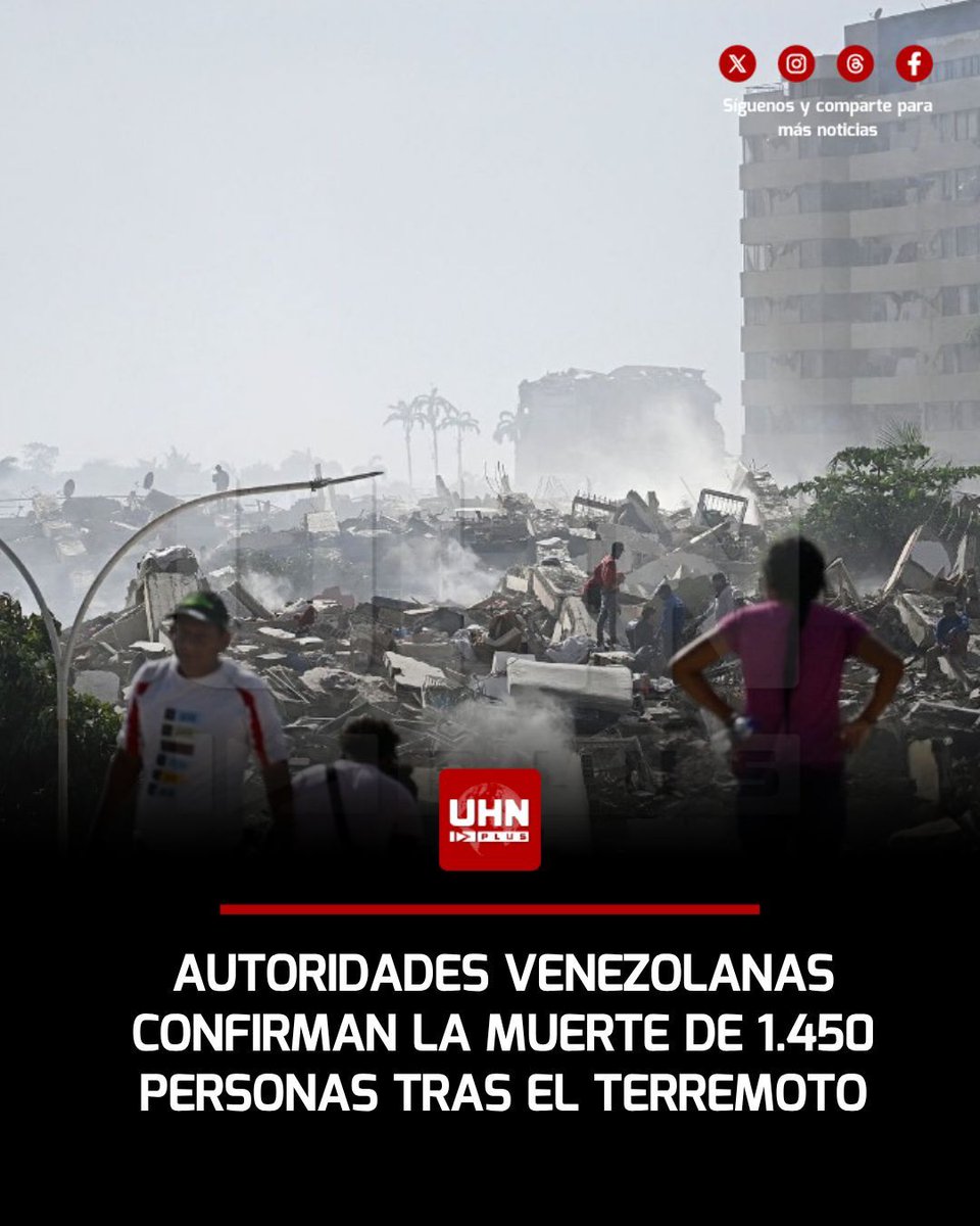 UHN_Plus's tweet photo. 🇻🇪‼️ | Las autoridades venezolanas elevaron oficialmente la cifra de víctimas a 1.450 muertos, 3.150 heridos y 12.701 damnificados hasta el mediodía de este domingo, según el último balance ofrecido por Jorge Rodríguez, tras los devastadores terremotos que sacudieron al país. https://t.co/zcRkZcp571