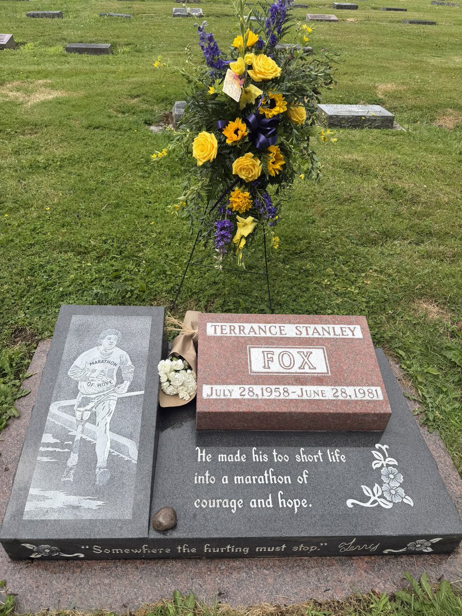 BradWestPoCo's tweet photo. 45 years ago today, we lost Terry Fox, just one month before his 23rd birthday.

Though his life was far too short, his legacy continues to grow with each passing generation.

Today, on behalf of a grateful people in @CityofPoCo and beyond, we humbly laid flowers at Terry’s resting place in the community he called home.

Thank you, Terry. Port Coquitlam will always carry your spirit forward.