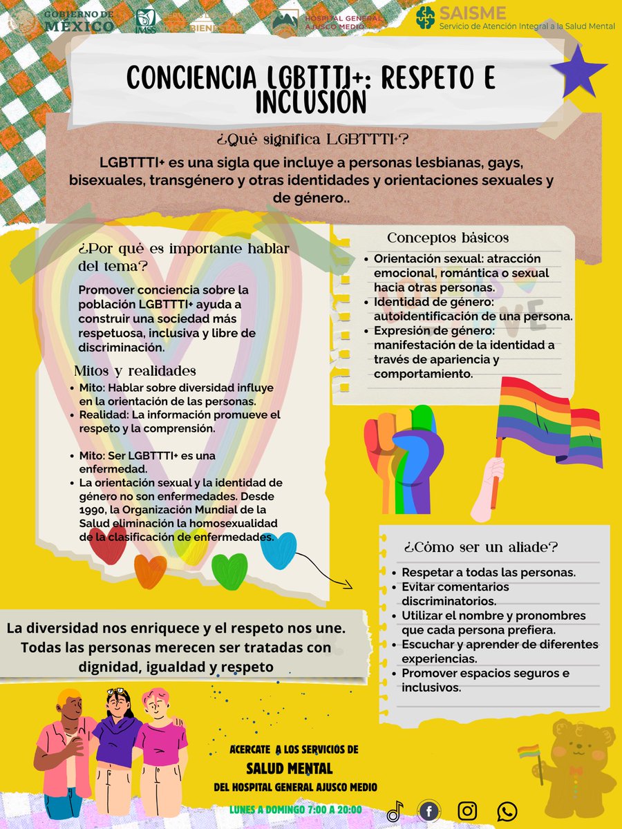 saludmhgam's tweet photo. 🌈 Conocer, respetar e incluir hace la diferencia.

La diversidad nos enriquece y construir espacios libres de discriminación es responsabilidad de todas las personas.
#RespetoEInclusión #LGBTTTIQ #SaludMental #IMSSBienestar #HospitalGeneralAjuscoMedio https://t.co/oeu3sMcQkF