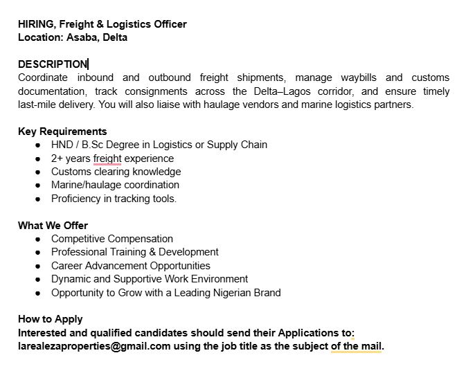 Robinhood0r's tweet photo. HIRING, Freight &amp; Logistics Officer 🔔
Location: Asaba, Delta

Interested and qualified candidates should send their Applications to: larealezaproperties@gmail.com using the job title as the subject of the mail. https://t.co/YIxbNNXjcr